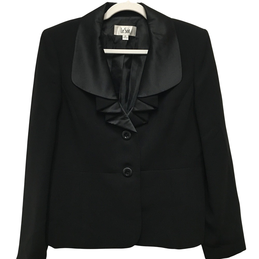 Le Suit Satin Ruffle Shawl Collar Blazer Women's 12 Black Formal Professional